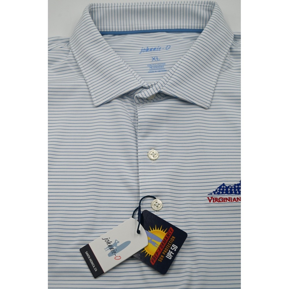 Johnnie-O Mens XL Prep-Formance Polo Blue Striped Virginians For Veterans UPF 50
